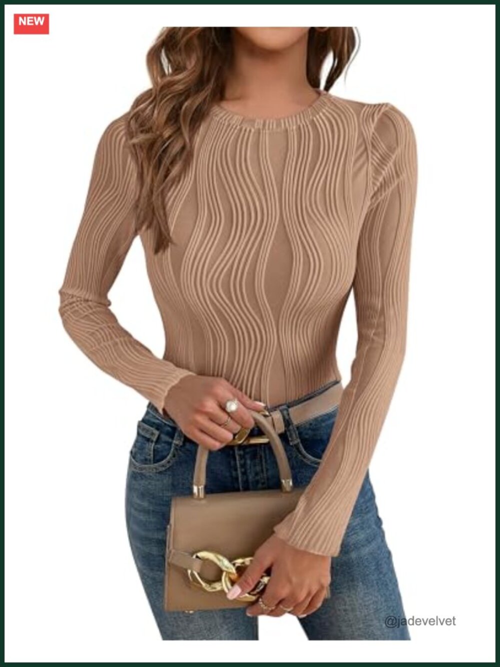 Womens Fitted Textured Ribbed Knit Long Sleeve T Shirt